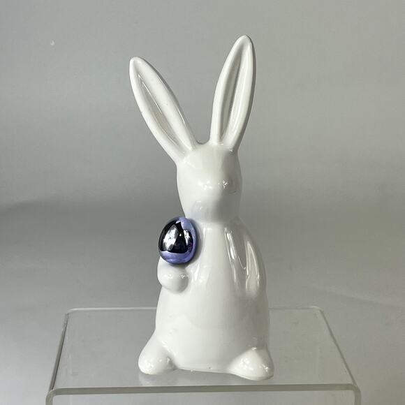 White Bunny Rabbit Figurine Ceramic Glazed Minimalist 4.5" Easter Decor Purple - Picture 1 of 9
